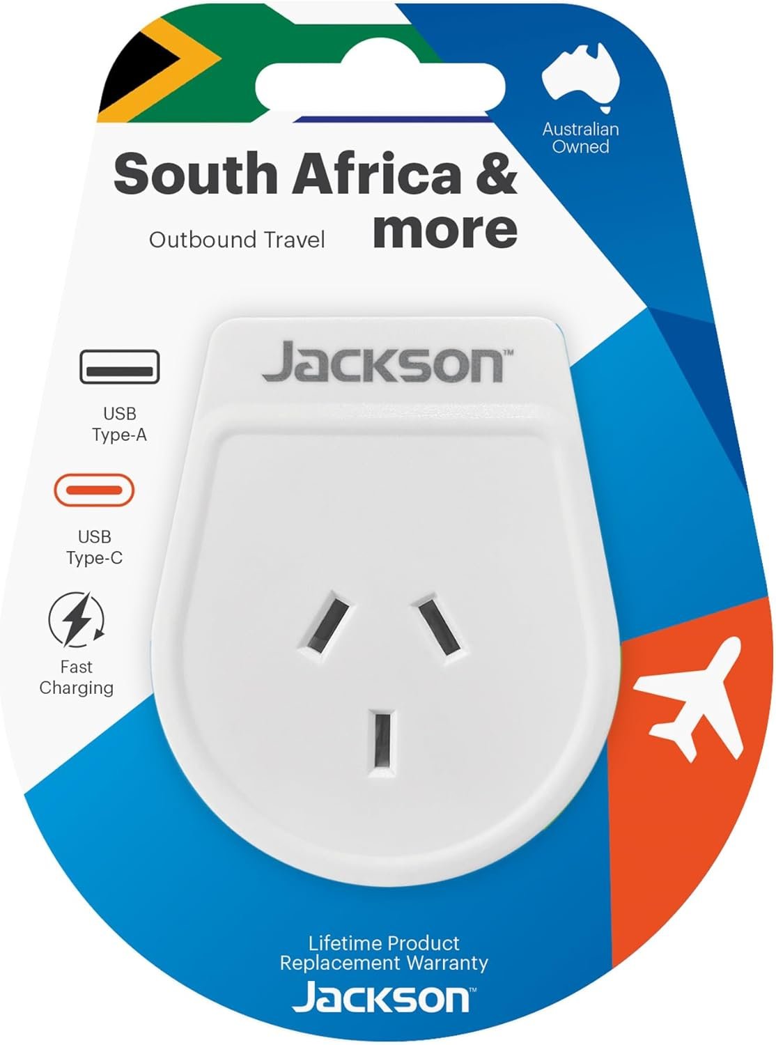 Jackson AUS - South Africa USB-A & USB-C Travel Adapter, White