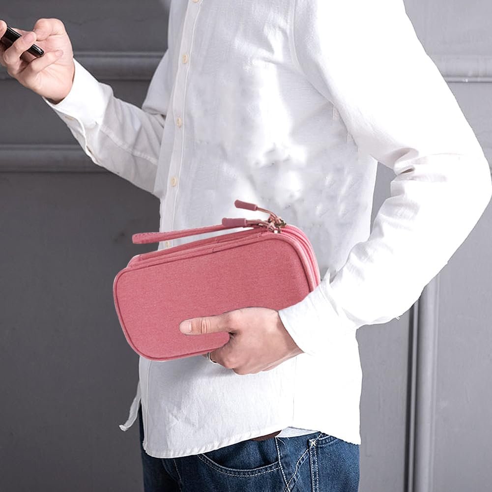 Travel Electronic Organizer Bag, 3 Compartments Portable Electronic Phone Accessories Storage Multifunctional Case for Cable, Cord, Charger, Hard Drive, Earphone(Pink)