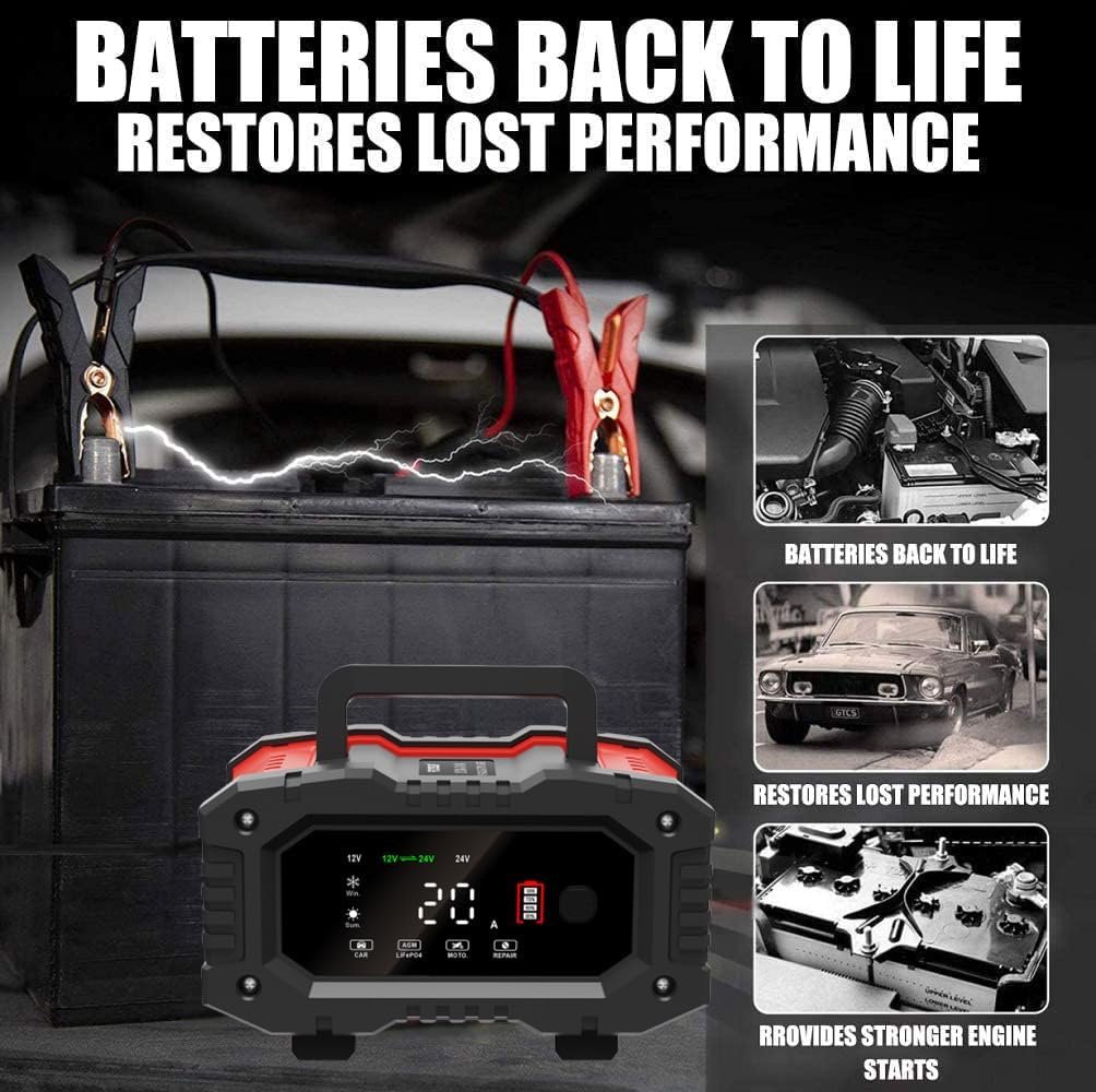 20-Amp Car Battery Charger, 12V/20A and 24V/10A LiFePO4,Lead-Acid(AGM/Gel/SLA) Automatic Smart Trickle Charger Maintainer,Desulfator, 300W Fast Charging for Automotive Truck Motorcycle Lawn Mower Boat