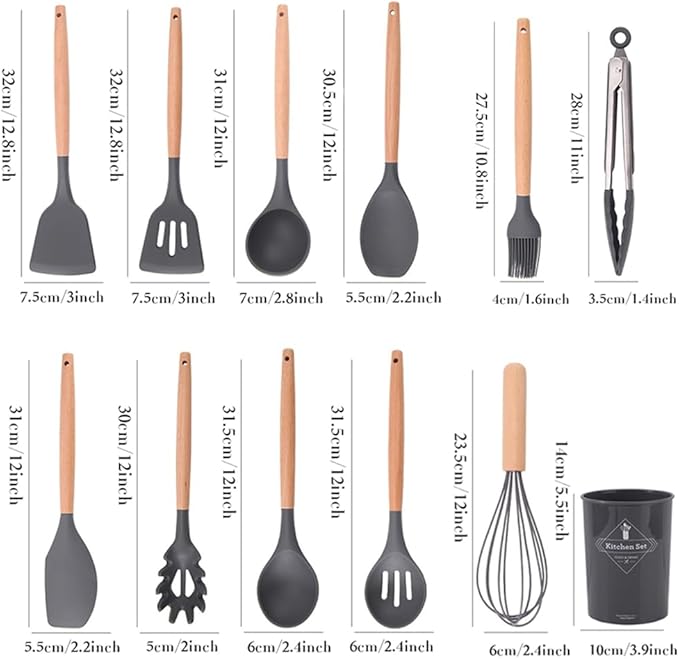 15-Piece Silicone Wooden Handle Kitchen Utensils Set, Cooking Tools with Holder, Kitchen Gadgets for Non-Stick Cookware