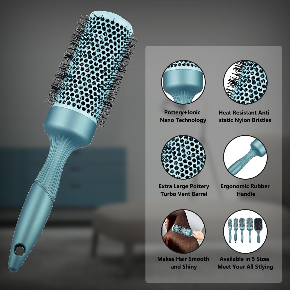 Aozzy 5pcs Round Thermal Barrel Brush Set - Professional Heat Styling, Curling, and Blow Drying for Shiny Hair in 5 Different Sizes