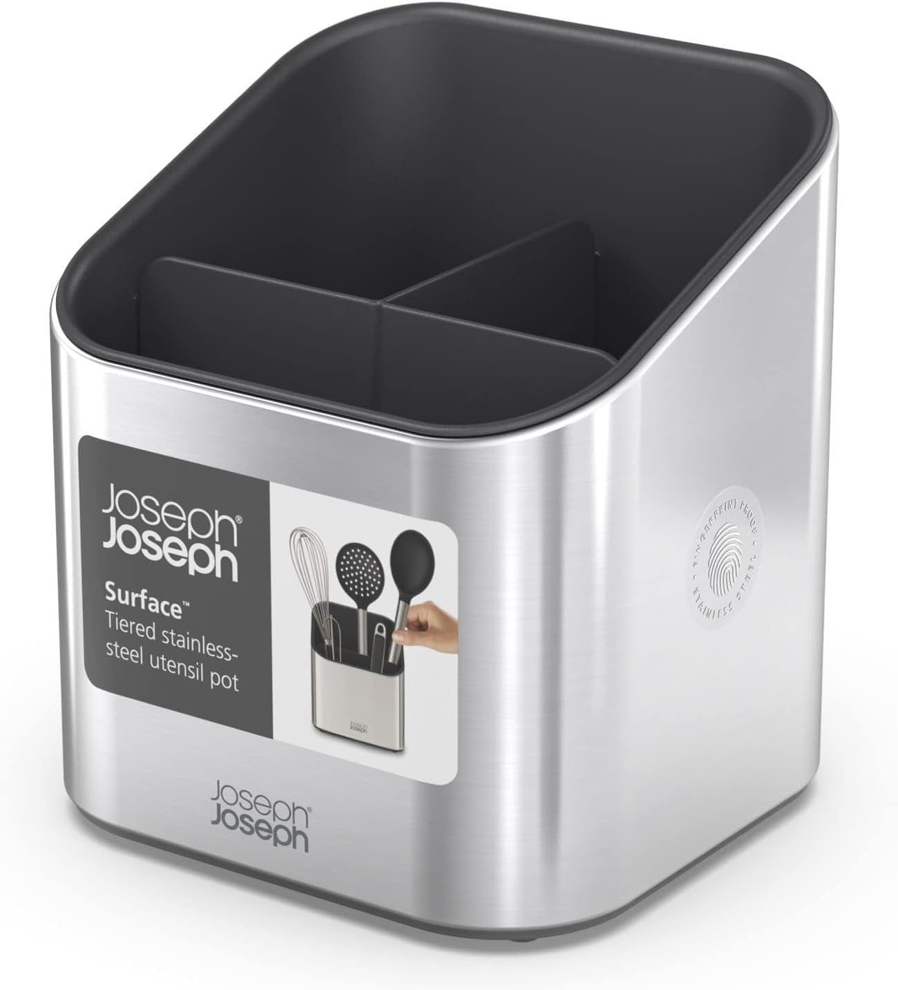Joseph Joseph Surface Stainless Steel Utensil Holder with Large Capacity, Non-Slip Feet and Dividers, Fingerprint Proof Kitchen Utensil Holder and Gadgets - Grey