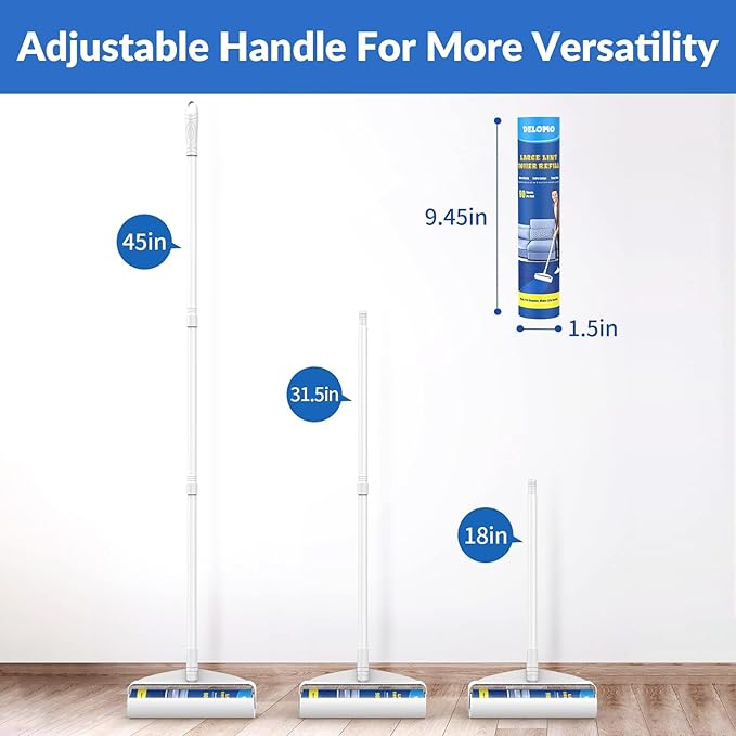 Large Lint Rollers for Carpet, Sticky Rollers for Floor DELOMO 9.45 in with 3 Extendable Handle,Long Handle Sticky Mop for Cleaning Carpets, Cars, Clothing, and Pet Hair