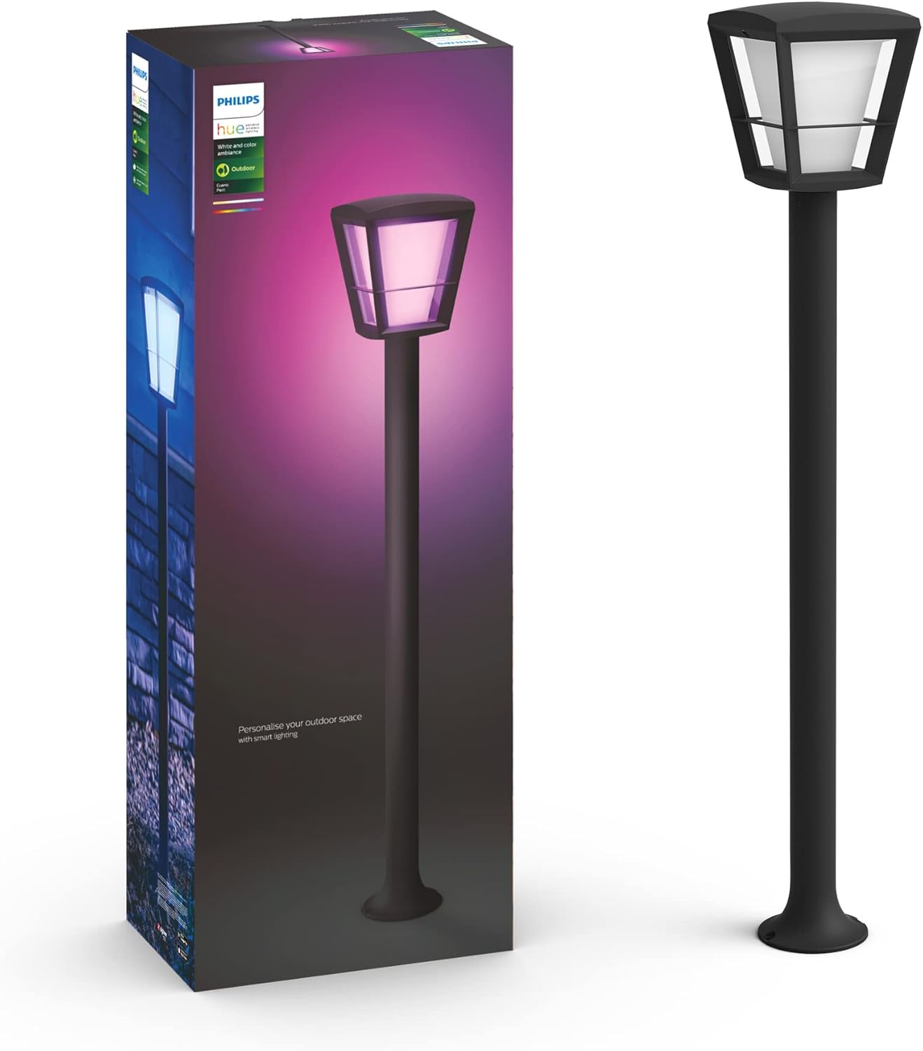 Philips Hue White and Color Ambiance Econic, Smart LED Outdoor Lamppost, Dimmable, Integrated LED, Black