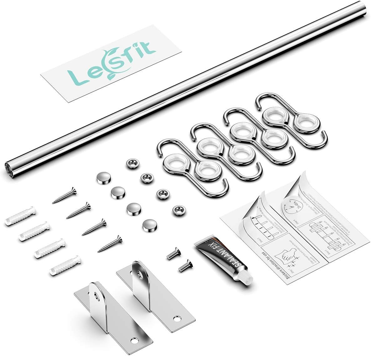 Lesfit Stainless Steel Kitchen Utensil Holder with 8 Hooks, Kitchen Utensil Bar Kitchen Knife Holder No Holes Needed for Bathroom Gadgets, Pans, Cups (Silver)