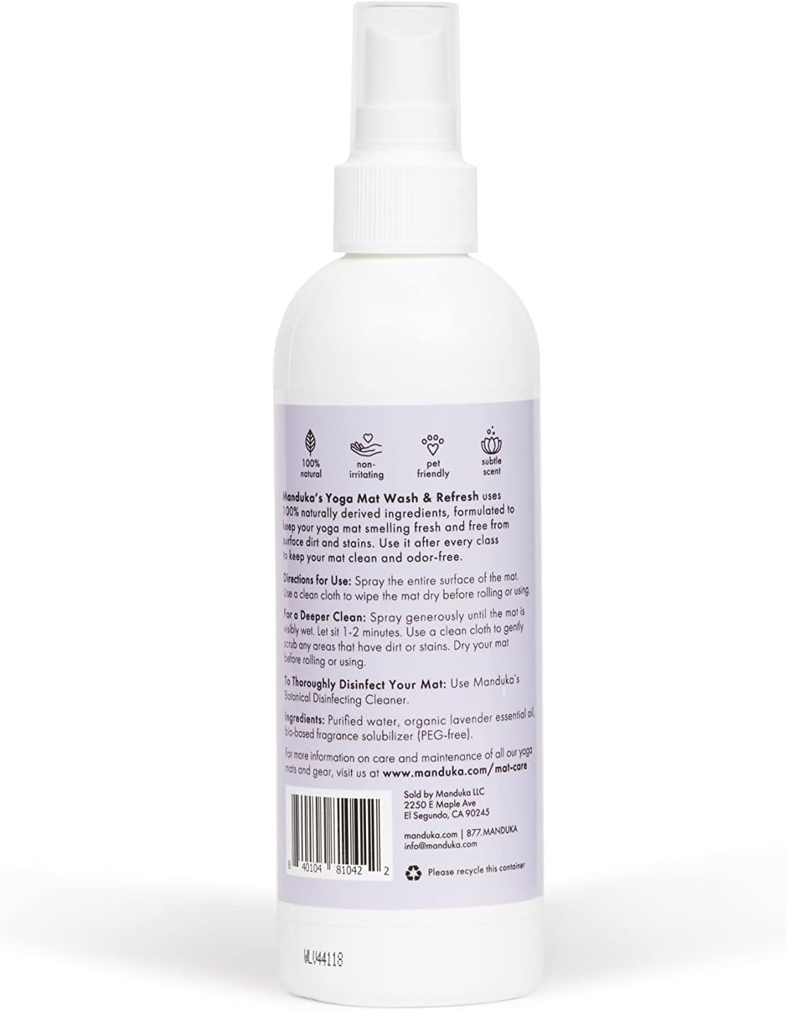 Manduka Yoga Mat Wash and Refresh – 100% Natural Essential Oil Yoga Mat Cleaning Spray, Fitness Equipment and Gym Accessories Cleaner, Non-irritating, Pet Friendly | Lavender Scent, 4 oz