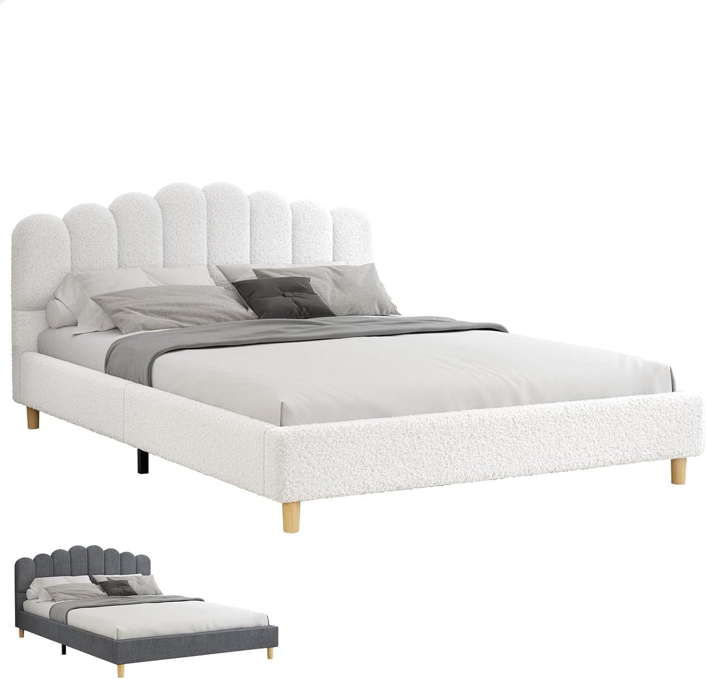 ALFORDSON Bed Frame Base Double Size with Boucle Fabric Upholstery, Bed Platform Foundation with Headboard for Mattress Topper, Tania Boucle White
