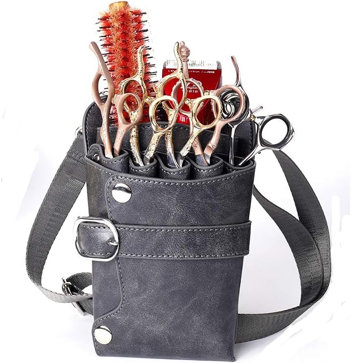Scissors Pouch PU Leather Salon Barber Hairdressing Scissors Holster Hair Stylist Tools Bag Comb Shear Holster Waist Shoulder Belt (Grey)