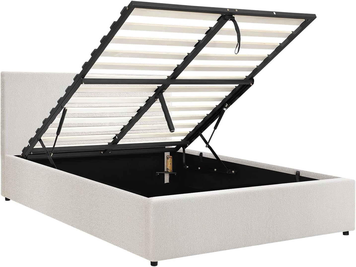 Oikiture Bed Frame Doubel Size Gas Lift Storage Base Boucle Fabric Material White