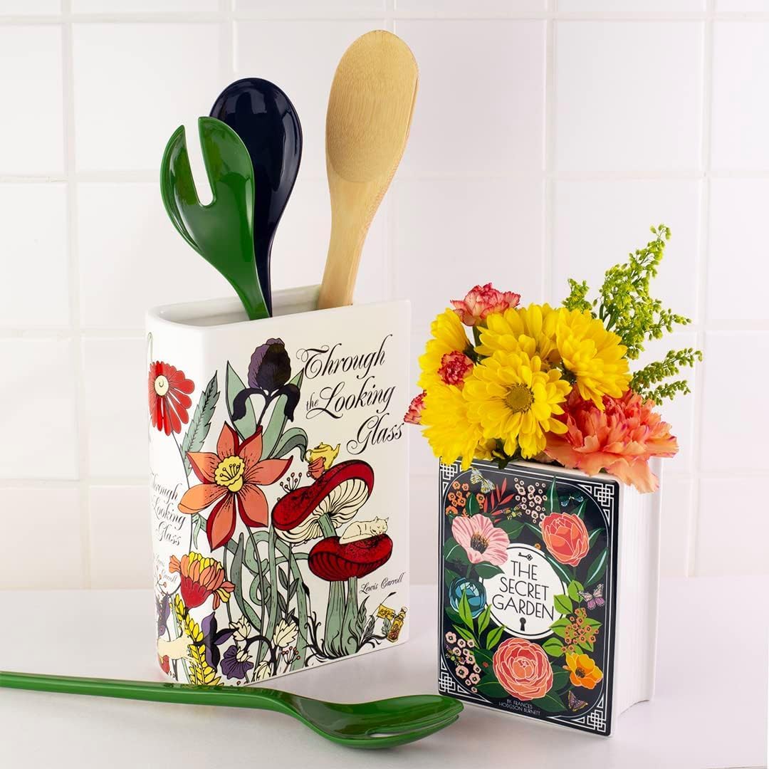 Book-Shaped Decorative Vase, Ceramic Vases for Home Decor, Cute Bookshelf Decor, Unique Vase for Book Lovers (Small - Secret Garden)