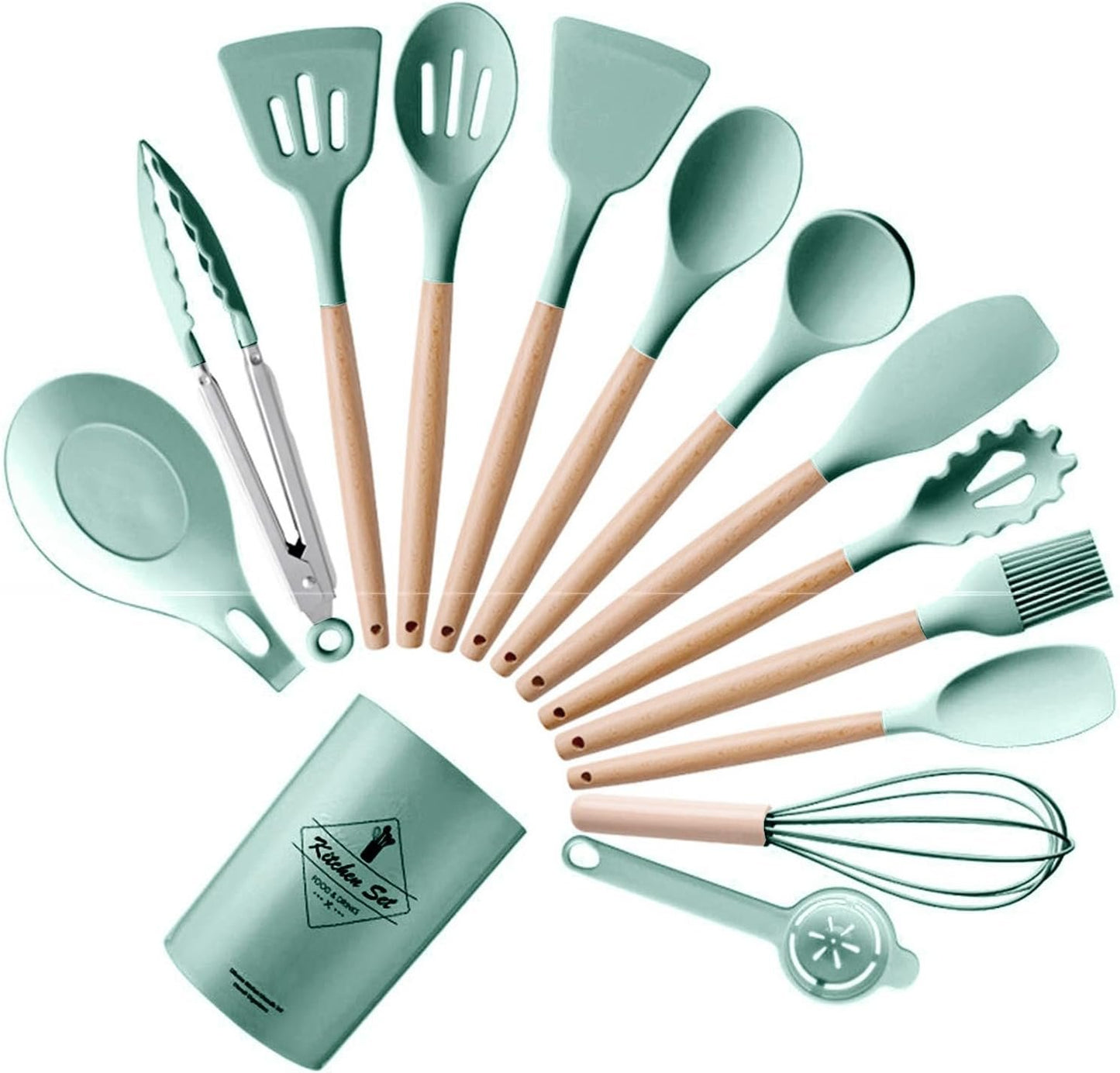 14 Pieces Kitchen Utensils Silicone Food Grade Cooking Tools Non-Stick Wooden Handles Kitchen Tongs Spoon Spatula Tool Wooden Handles Gadget