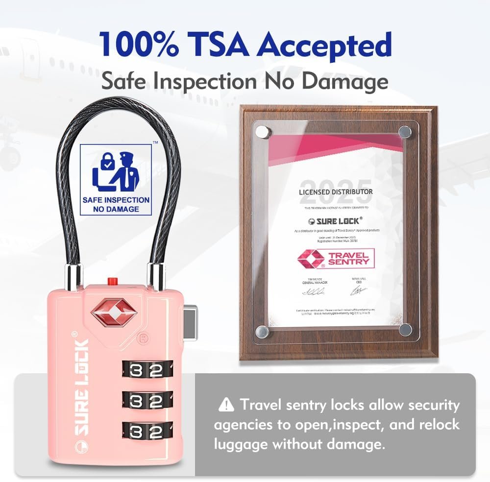 SURE LOCK TSA Compatible Travel Luggage Locks, Inspection Indicator, Easy Read Dials TSA Approved with Zinc Alloy, PINK 2 PACK, earnest