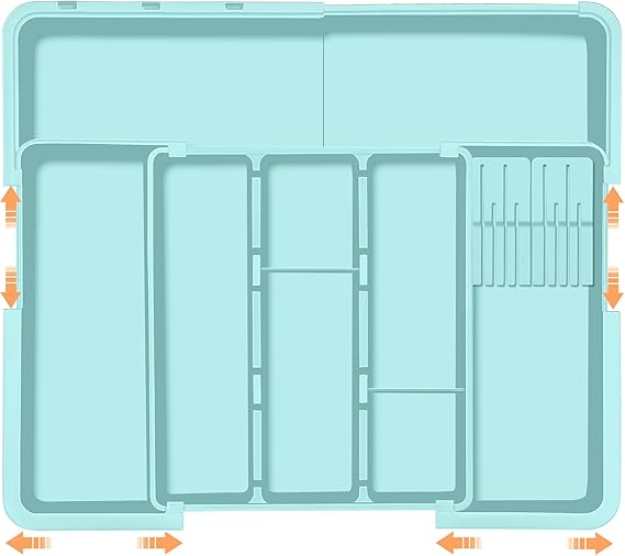 Utensil Drawer Organizer for Kitchen, Expandable Silverware Organizer Cooking Utensils Tray, Large Cutlery and Flatware Holder, Kitchen Tools & Gadgets Storage (Turquoise)