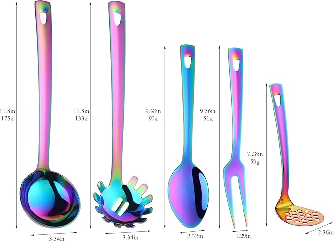 Buyer Star Kitchen Utensils Set 5 Pcs Cooking Utensils Stainless Steel 18/0 Kitchen Tool And Gadgets Salad Spoon Forks Gravy Ladles Pasta Server Potato Masher Mirror Polish Dish Washer Safe, rainbow