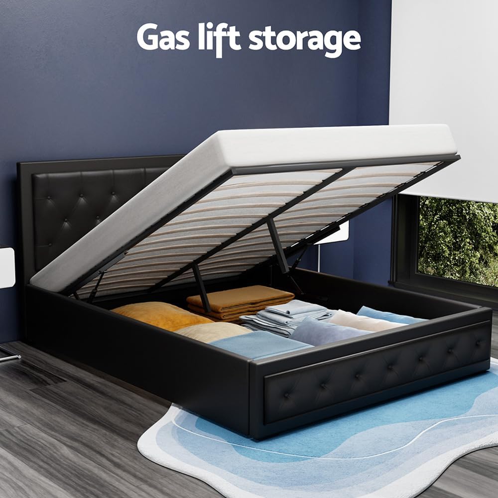 Artiss Queen Bed Frame Platform Tufted Headboard Frames Gas Lift Beds Base with Storage Space Bedroom Room Decor Home Furniture, Upholstered with Black PVC Leather + Foam + Wood