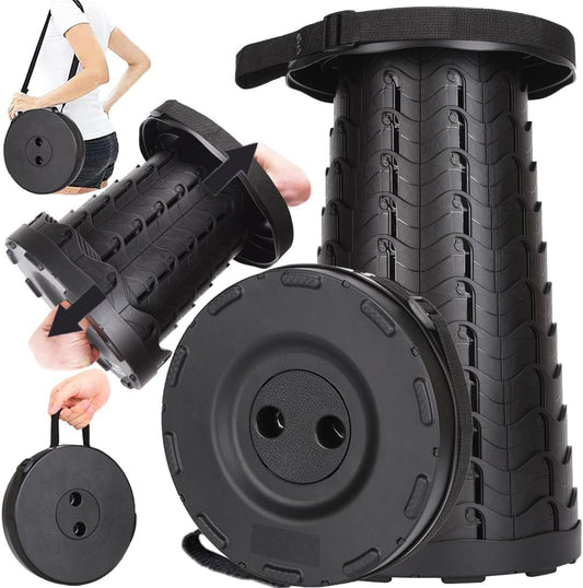 2025 Upgraded Collapsible Stool, 400lb Max Weight, Lightweight But Sturdy, Portable Folding Retractable Telescoping Foldable Camping Stool for Adults Outdoor Fishing Hiking Travel BBQ (Black)