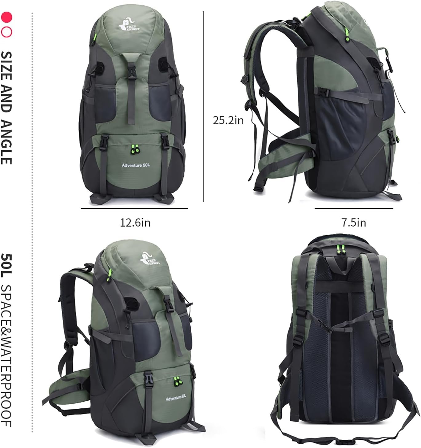 Bseash 50L Lightweight Water Resistant Hiking Backpack, Outdoor Sport Daypack Travel Bag for Climbing Camping Touring