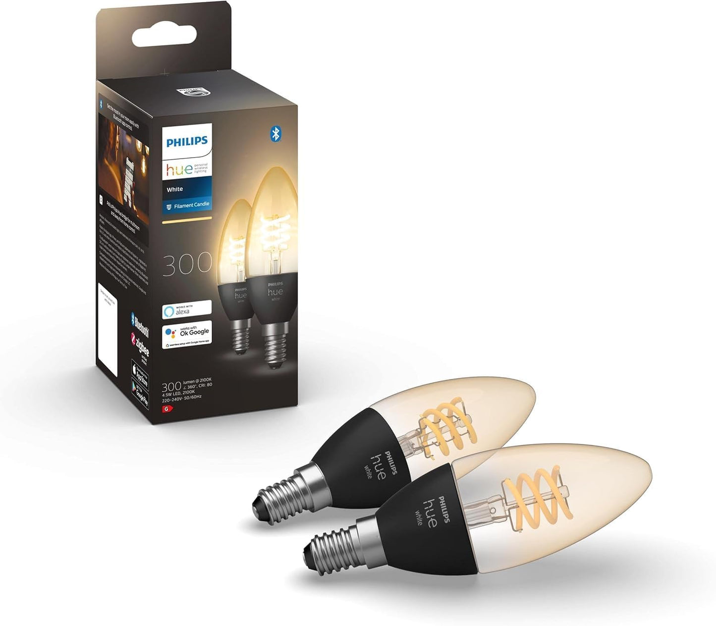Philips Hue White 2 Lampadine LED Smart, con Bluetooth, Attacco E14, 4.5 W, Dimmerabile, Luce Bianca Calda, Nero, 2 Pezzi