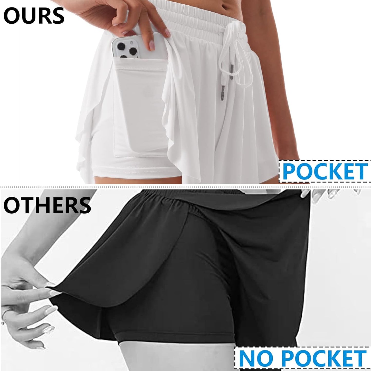 Flowy Athletic Shorts for Women Running Tennis Butterfly Shorts Girls 2-in-1 Double Layer Quick-Drying Comfy Shorts