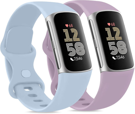 2 Pack Bands for Fitbit Charge 6 Bands Women Men, Classic Soft Straps Replacement Sport Wristbands for Fitbit Charge 5 Fitness & Health Tracker (Baby Blue/Light Purple, Small)