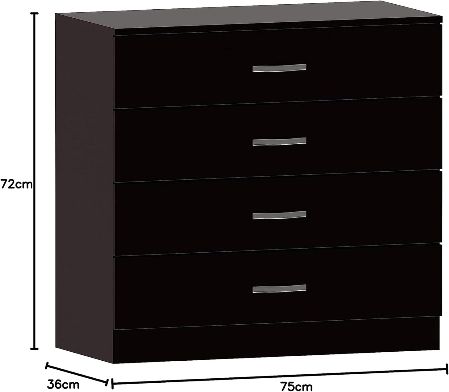 Home Discount Black Chest of Drawers, 4 Drawers with Metal Handles and Runners, Unique System with Guides, Riano Bedroom Furniture