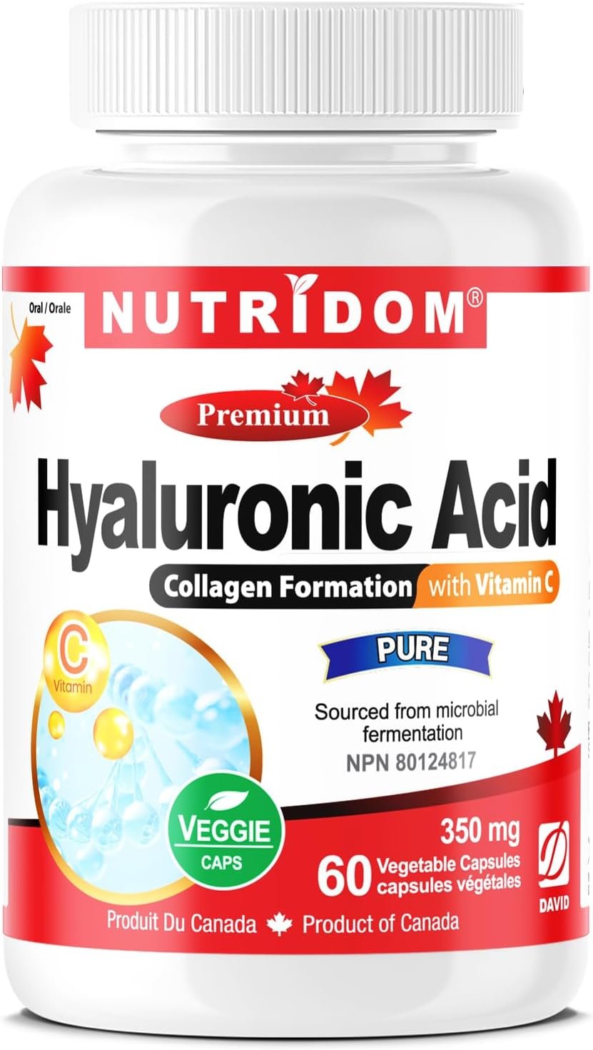 Nutridom Hyaluronic Acid Supplements, 60 Veggie-Capsules, 200mg of Hyaluronic Acid with 150mg of Vitamin C, All Natural, Non-GMO, Vegan, Gluten-free, Dairy-free, and Soy-free