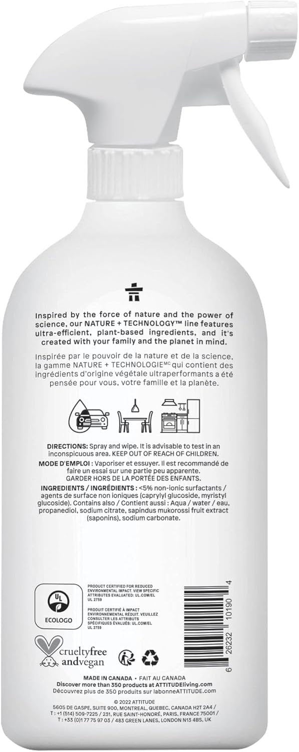 ATTITUDE All Purpose Cleaner, Made in Canada, EWG Verified Multi-Surface Products, Vegan, Multipurpose Cleaning Spray, Unscented, 800 mL