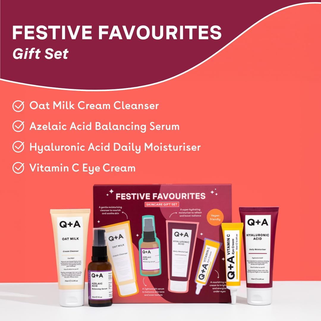 Q+A Festive Favourites Skincare Gift Set with Hyaluronic Acid Moisturising Cream, Cleanser Cream, Azelaic Acid Serum and Eye Contour Serum