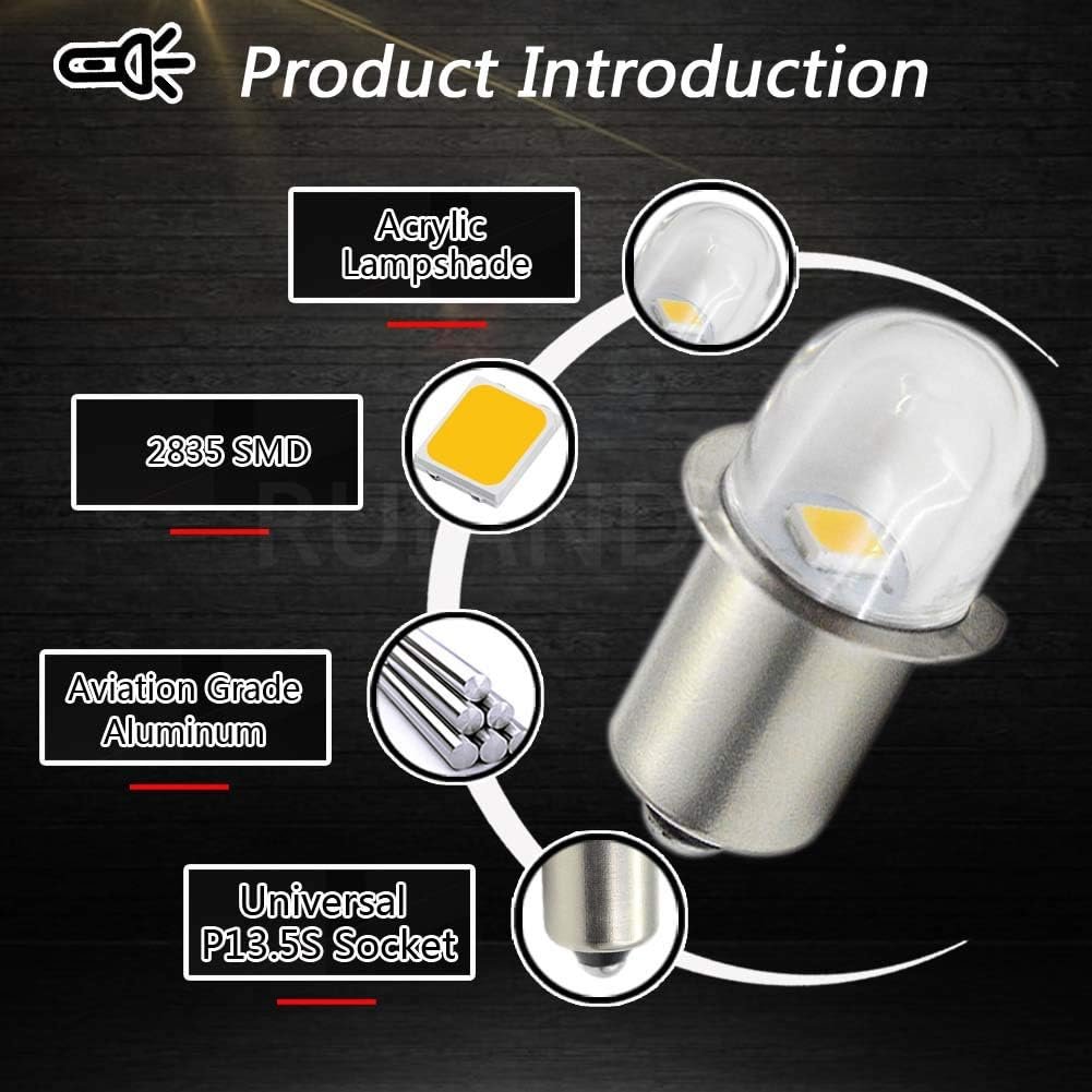 Ruiandsion 18V Upgrade LED Flashlight Bulb P13.5S Base Socket White LED Bulbs Replacement for Headlamp Flashlight Torch Lights,Non-Polarity (Pack of 5)