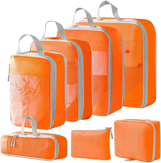 Compression Packing Cubes for Travel Suitcase Organizer Bags Set of 7 Travel Accessory Expandable Packing Organisers With Laundry Bag and Toiletry Bag (Orange)
