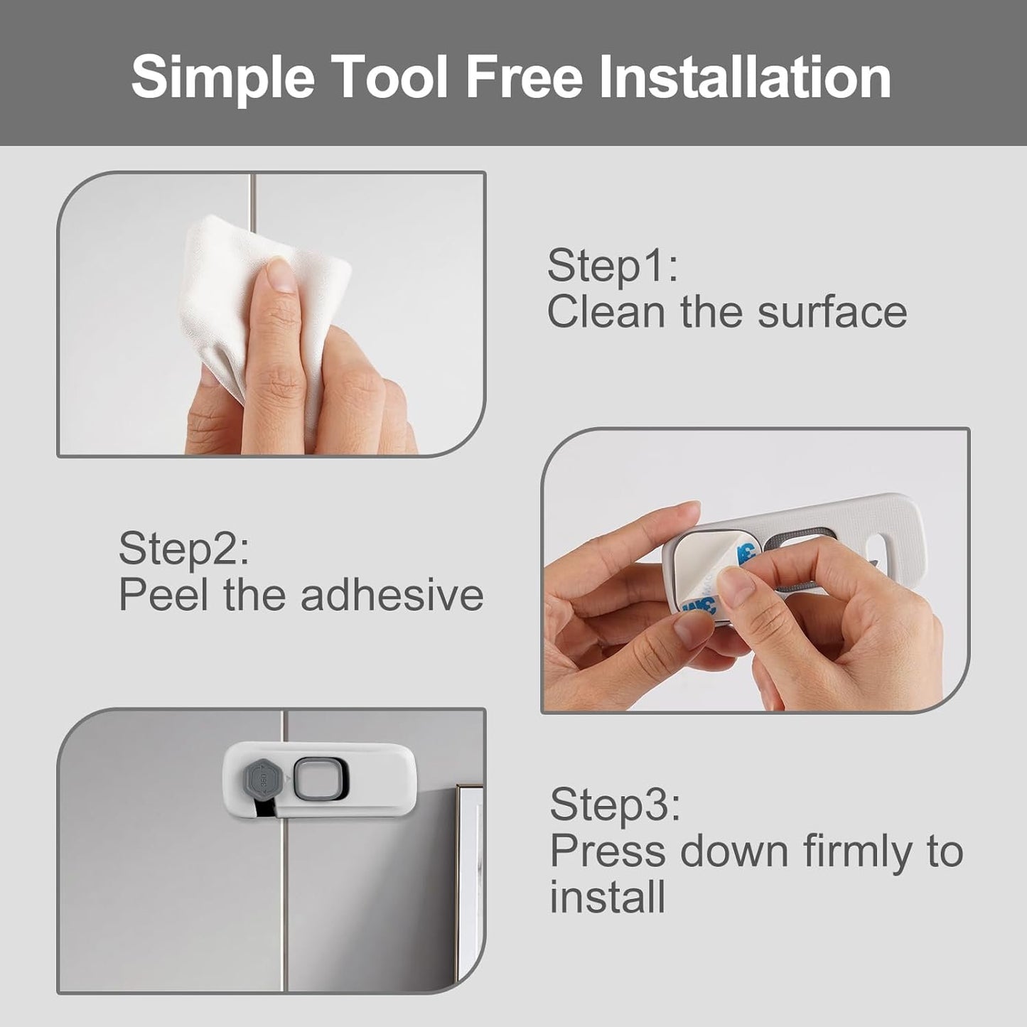 BECOMTO 5 Pack Childproof Refrigerator Lock,Baby Safety Fridge Door Lock,Freezer Lock Apply to Max 1"(25mm) Sealing Strip,Cabinet Cupboard Lock for Toddlers,Easy to Install,No Tools Need or Drill,Grey
