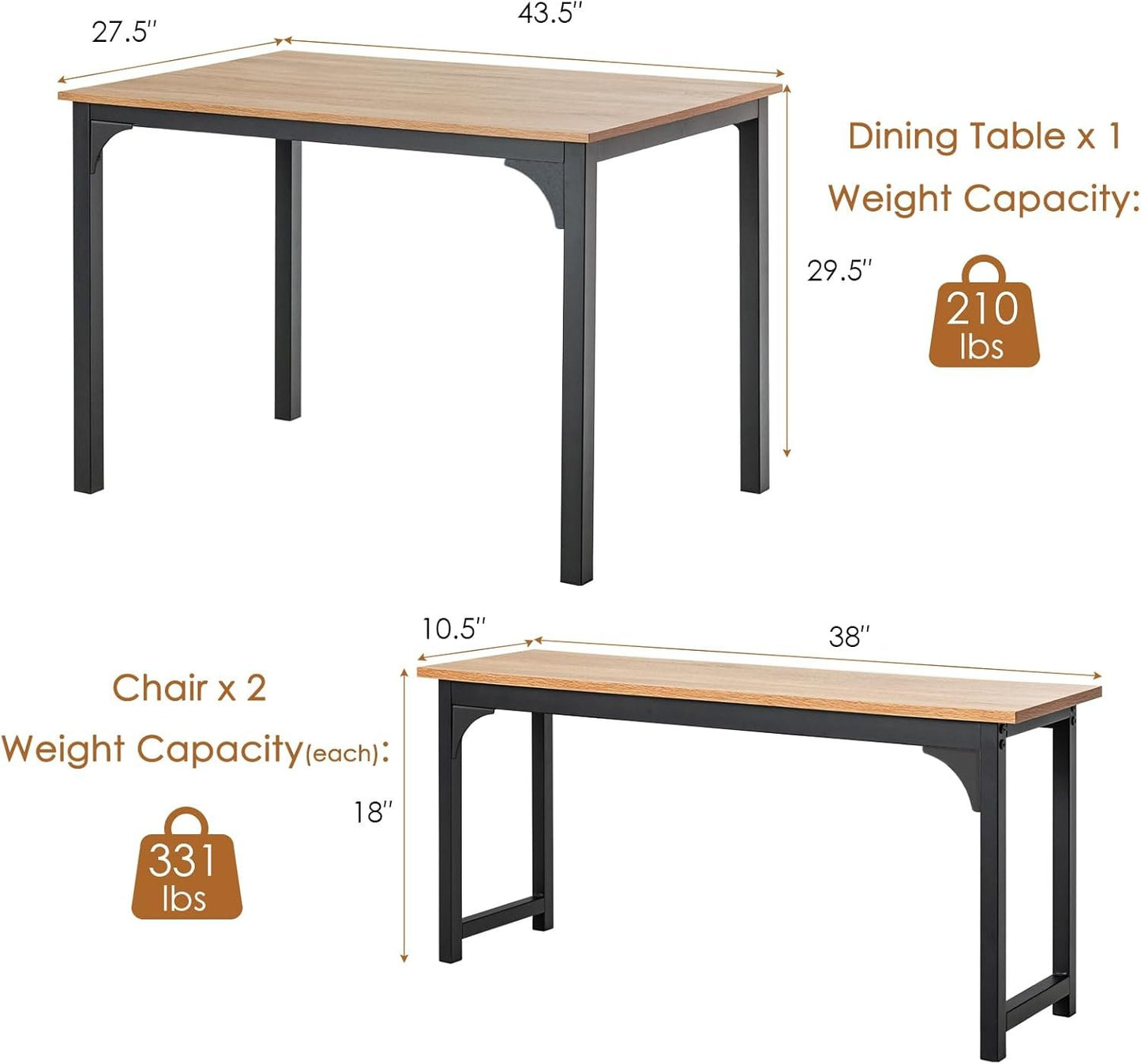 Nafort 3-Piece Dining Table with Benches, Modern Wood Kitchen Table & Benches Set for 4-6 Person, Metal Frame & Wood Tabletop Kitchen Dining Room Furniture Set, Natural &Black
