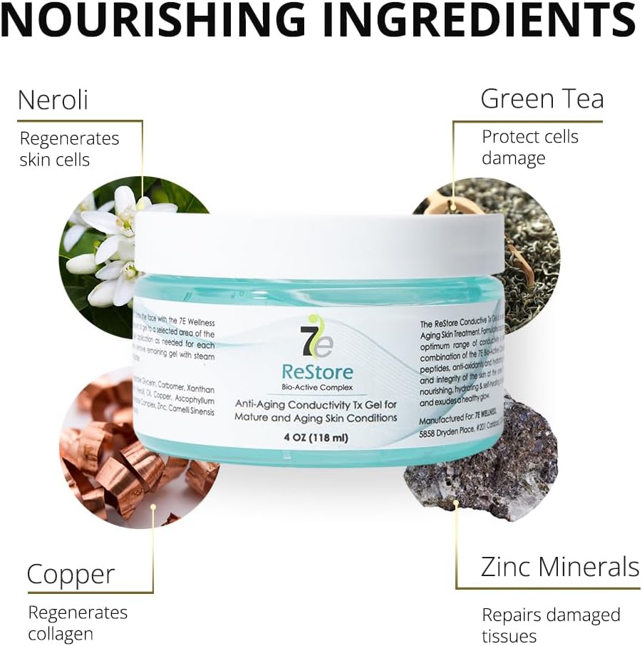 7E Wellness ReStore Conductive Gel with Bio-Active Complex - 4oz - Facial Skin Care Products with Green Tea Extract, Hyaluronic Acid, and Collagen Peptides - Anti Aging and Skin Tightening