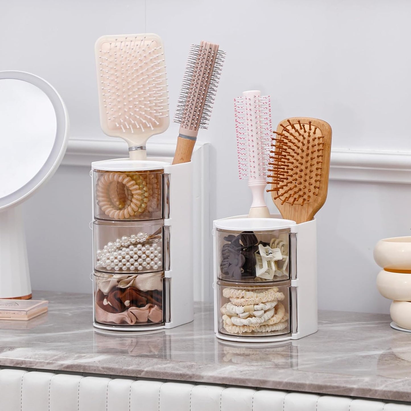 FABROK 2-Layer Clear Hair Accessories Organizer with Hair Brushes Holder, Rotatable Small Jewelry Box for Necklaces、Earring, Desktop Organizer Case for Makeup Brushes, Hair Accessories, Cotton Swab