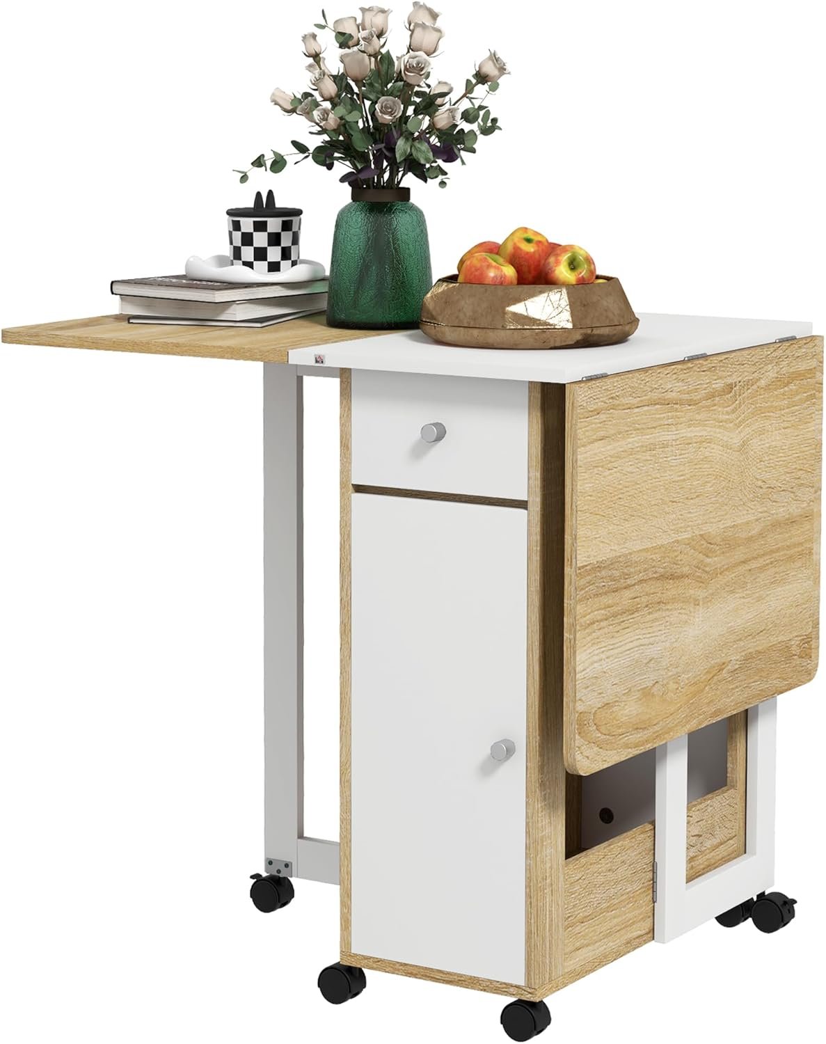HOMCOM Foldable Dining Table, Collapsible Drop Leaf Table with 2 Drawers, Cabinet and Caster Wheels, Folding Kitchen Table for Small Spaces, Dining Room, Oak