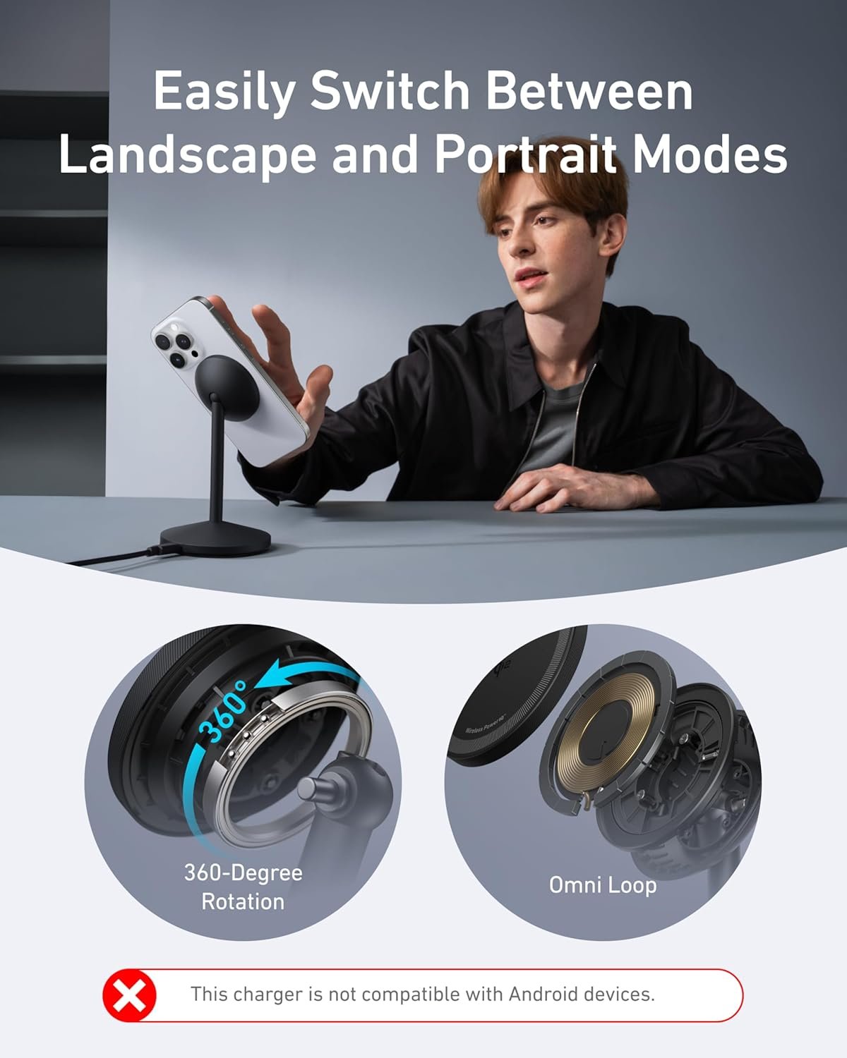 Anker MagGo iPhone 16 MagSafe-Compatible Wireless Charger, 15W Fast Wireless Charging Station, Qi2 Certified 360° Rotation Charger, for iPhone 16//15/14 Series and AirPods (Black, 1 Pack)