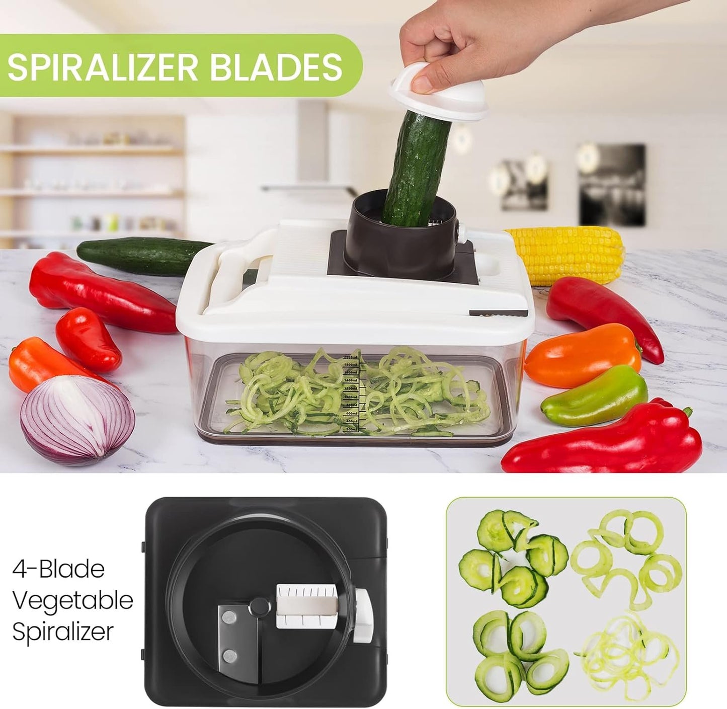 RüK Vegetable Chopper, Extra Large Pro Food Chopper, Multi 10-in-1 Onion Chopper Vegetable Cutter, 6 Blades, 4 Vegetable Spiralizers for Salad Potato Carrot with 2.6-Quart Container & E-Recipes