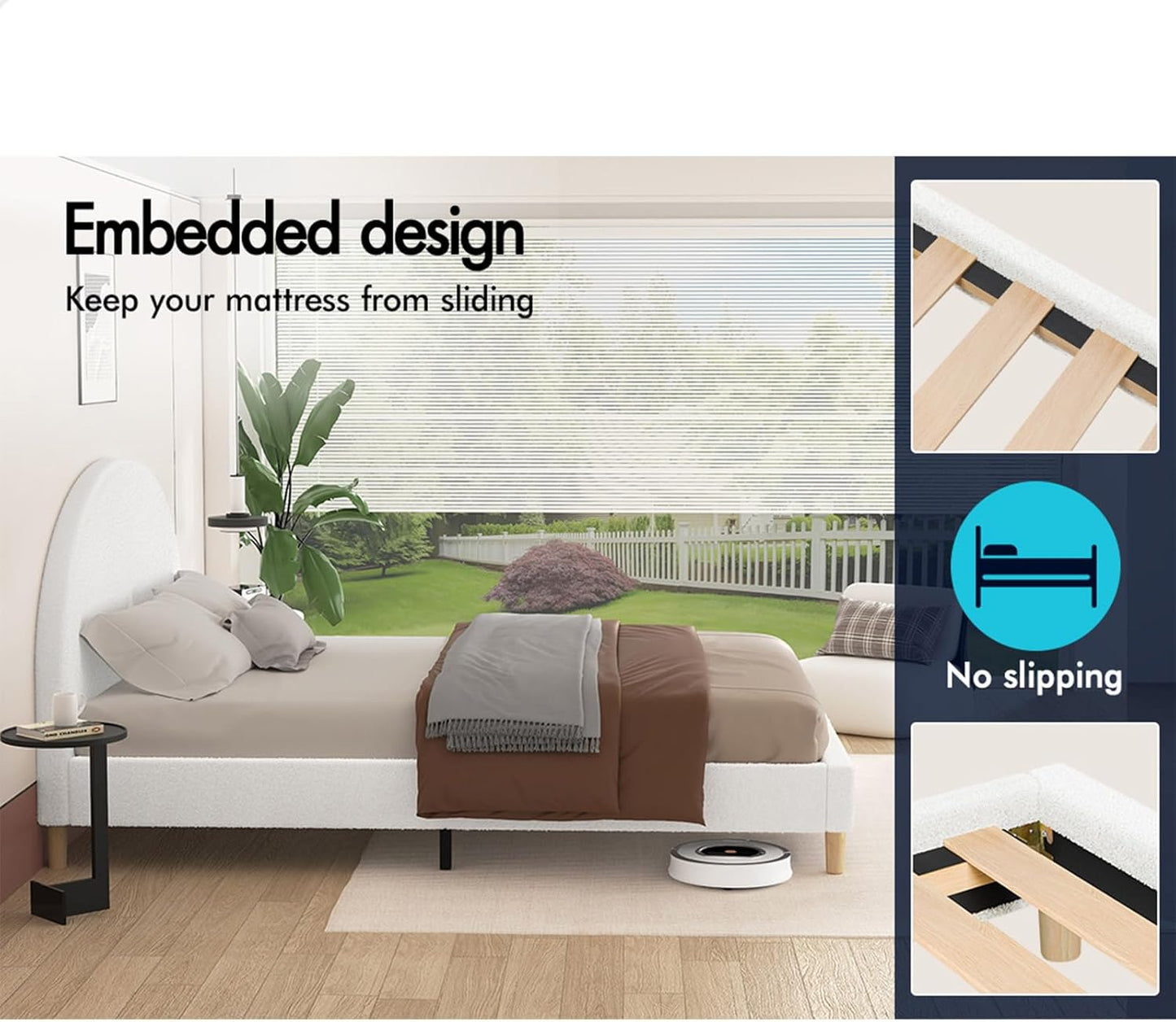 ALFORDSON Bed Frame Base Double Size with Boucle Fabric Upholstery, Bed Platform Foundation with Headboard for Mattress Topper, Calla Boucle White