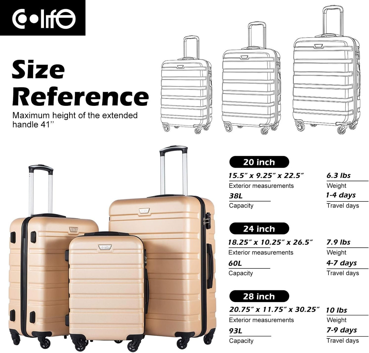 Coolife Luggage 3 Piece Set Suitcase Spinner Hardshell Lightweight TSA Lock 4 Piece Set (Apricot Black, Sets)