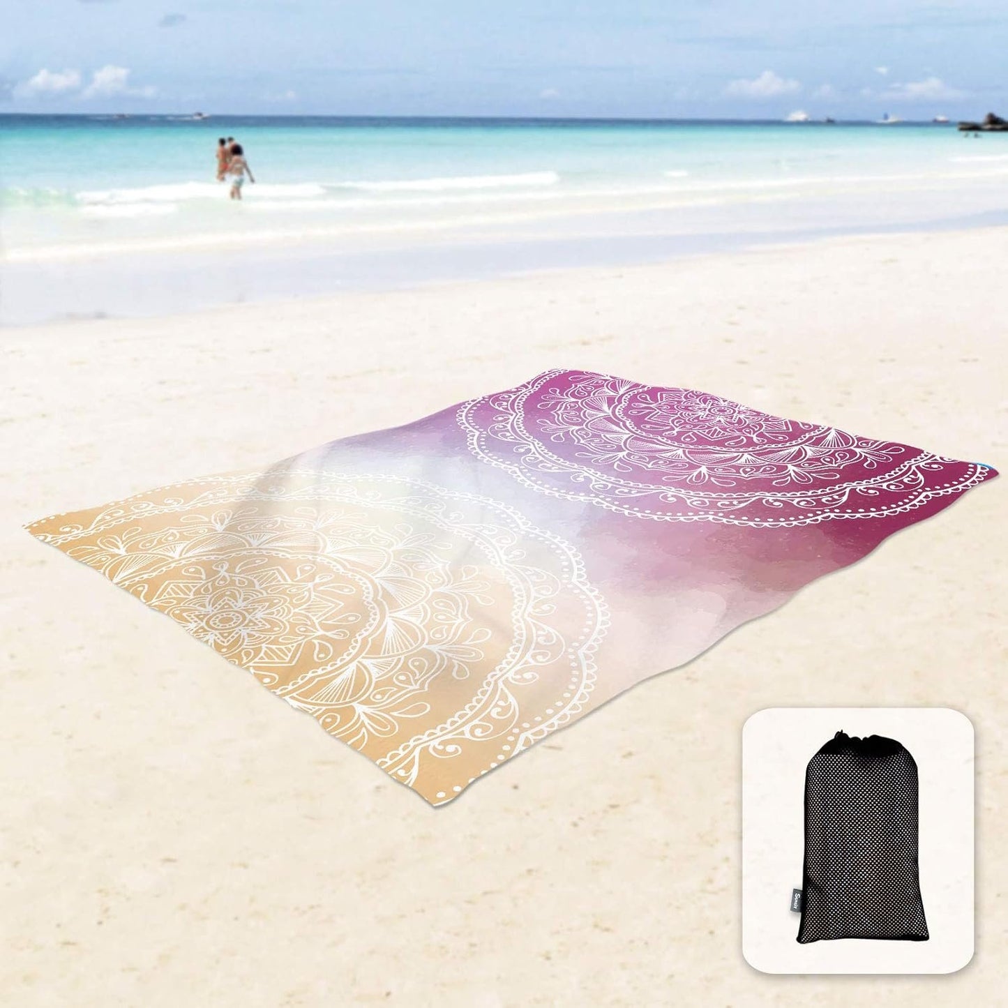 Sunlit Silky Soft Boho Sand Proof Beach Blanket Sand Proof Mat with Corner Pockets and Mesh Bag 6' x 7' for Beach Party, Travel, Camping and Outdoor Music Festival, Orange Purple Mandala