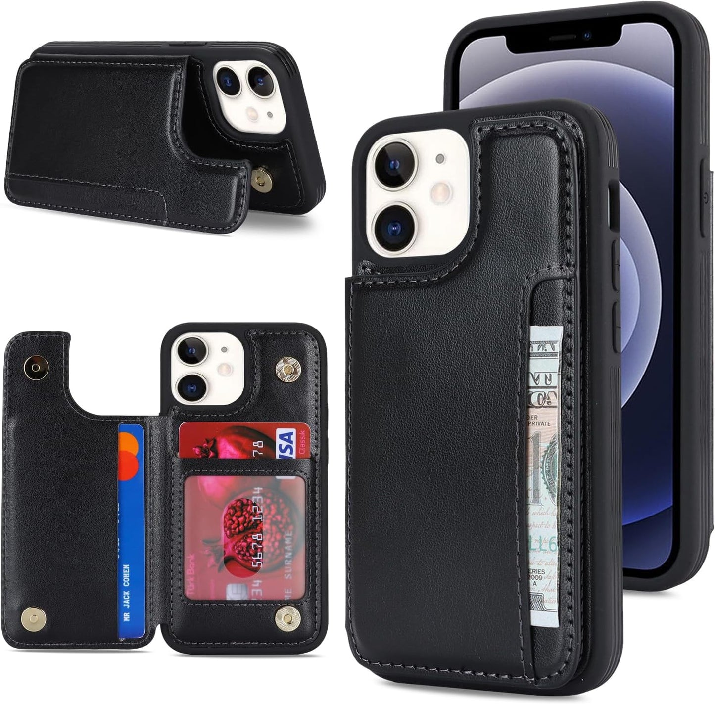 Cavor for iPhone 12 Mini Case Vertical Flip Cover for iPhone12 Mini Wallet Cases PU Leather Kickstand with Card Slots Holder Magnetic Clasp Protective Phone Cover for Women Girl Men-Black