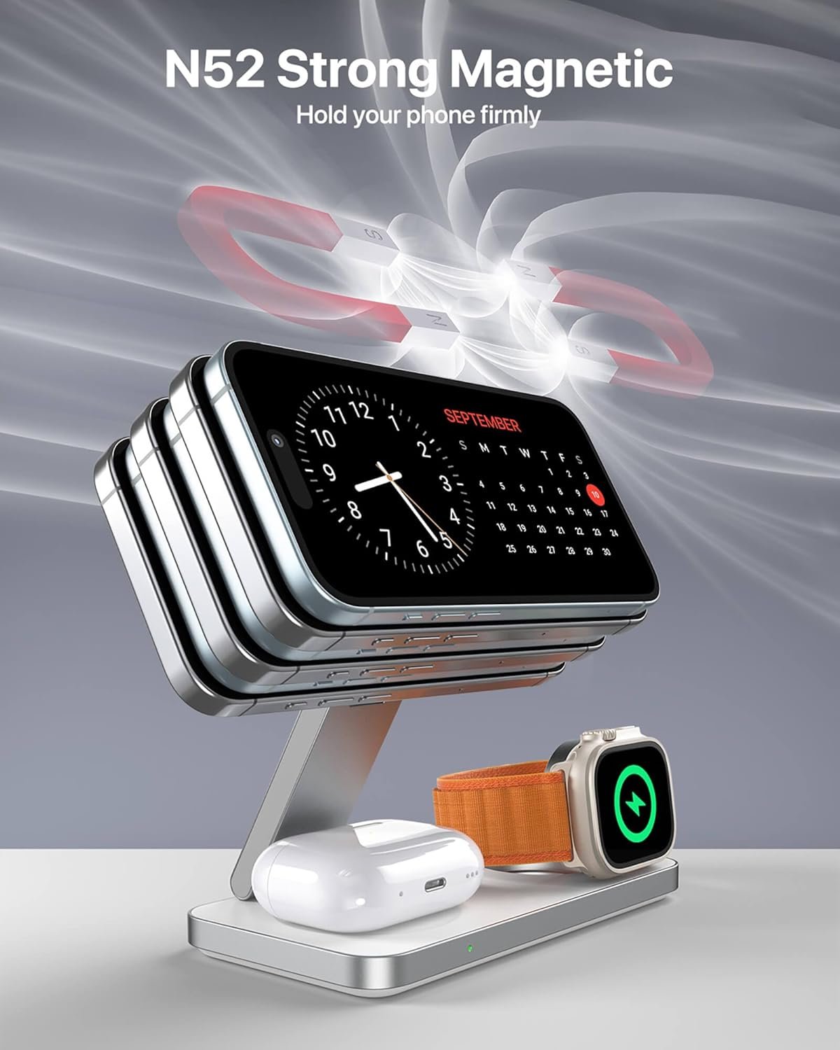 3 in 1 Wireless i Phone Charger Stand for Apple Magsafe, LDOBL Travel Charger for iPhone 16 to 12 Pro Max Mini Plus, Apple Watch Ultra 10 to 2, AirPods Pro 2 3 4, tech for Men Women (White)