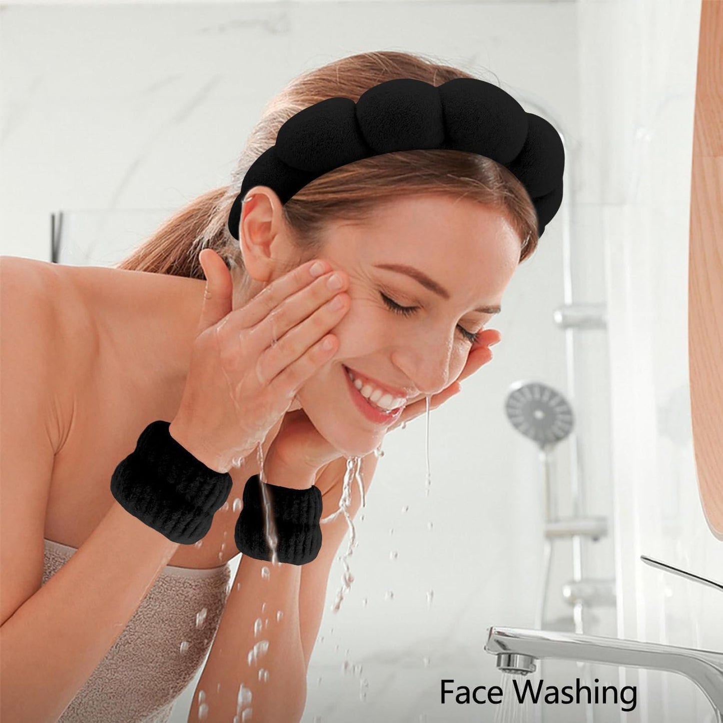 Spa Headbands for Washing Face, 4Pcs Headband for Women Makeup, Skincare Headbands Remover Spa Headband Bow Tie Headband Wristband Set Hair Accessories(Black)