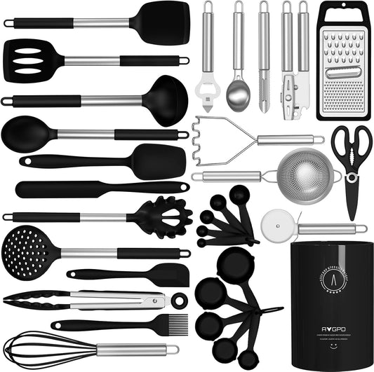 Silicone Cooking Utensils Set - Heat Resistant Silicone Kitchen Utensils for Cooking, Kitchen Utensil Spatula Set w Holder,BPA FREE Kitchen Gadgets Tools for Non-Stick Cookware Dishwasher Safe (Black)