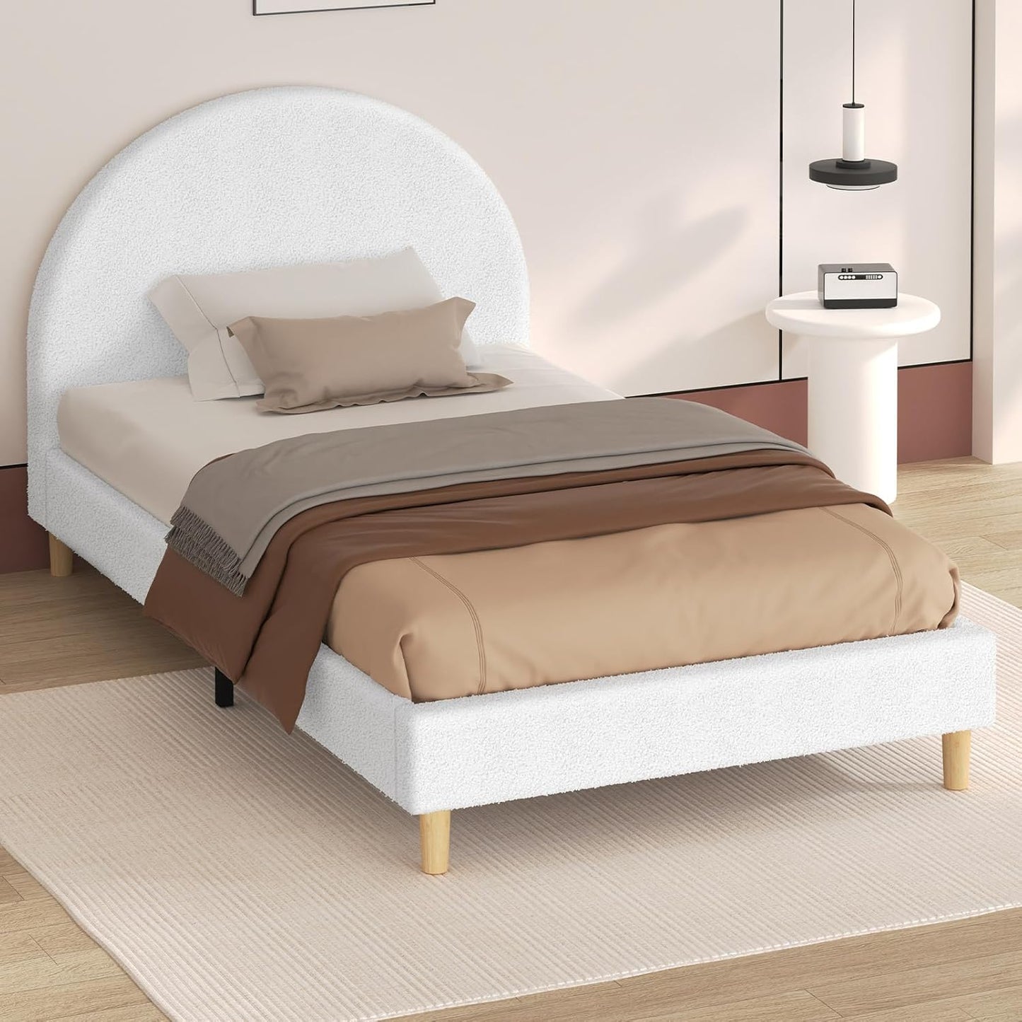 ALFORDSON Bed Frame Base Single Size Calla Series with Bed Head, Mattress Topper Platform Foundation with Boucle Fabric Upholstery for Bedroom, Boucle White