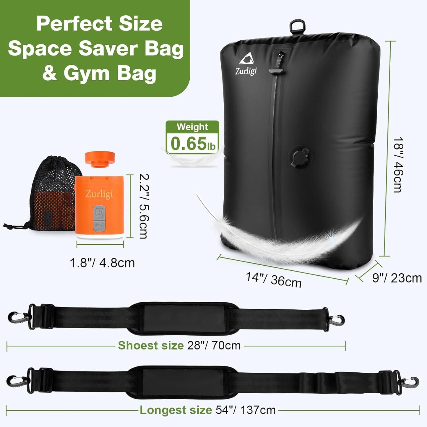 Zurligi Vacuum Bags for Travel with Pump, 40L Vacuum Compression Bag with Adjustable Shoulder Strap, IP67 Reusable Vacuum Packing Cubes for Luggage, Backpack, Suitcase, Yoga, Swim, Beach (2 PCS Black)