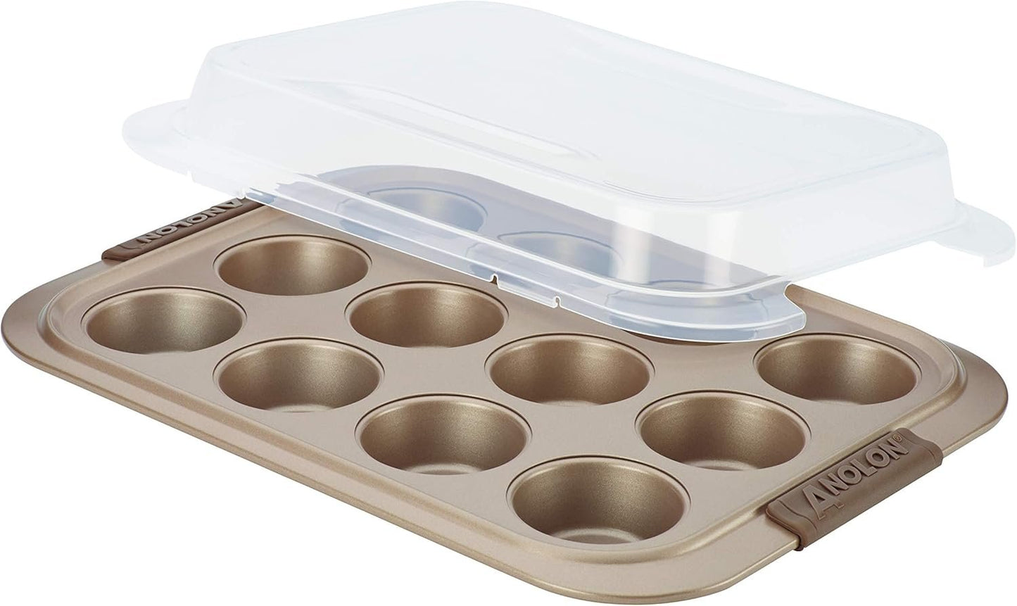 Anolon 12 Cup Advanced Bronze Nonstick Bakeware Muffin Pan with Silicone Grips, Brown