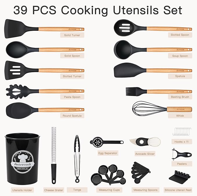 Astercook Kitchen Utensils set, 39 PCS Silicone Cooking Utensils Set with Wooden Handle, 446°F Heat Resistant Food Grade Utensil Sets, BPA Free Kitchen Gadgets Tools Set for Nonstick Cookware (Black)