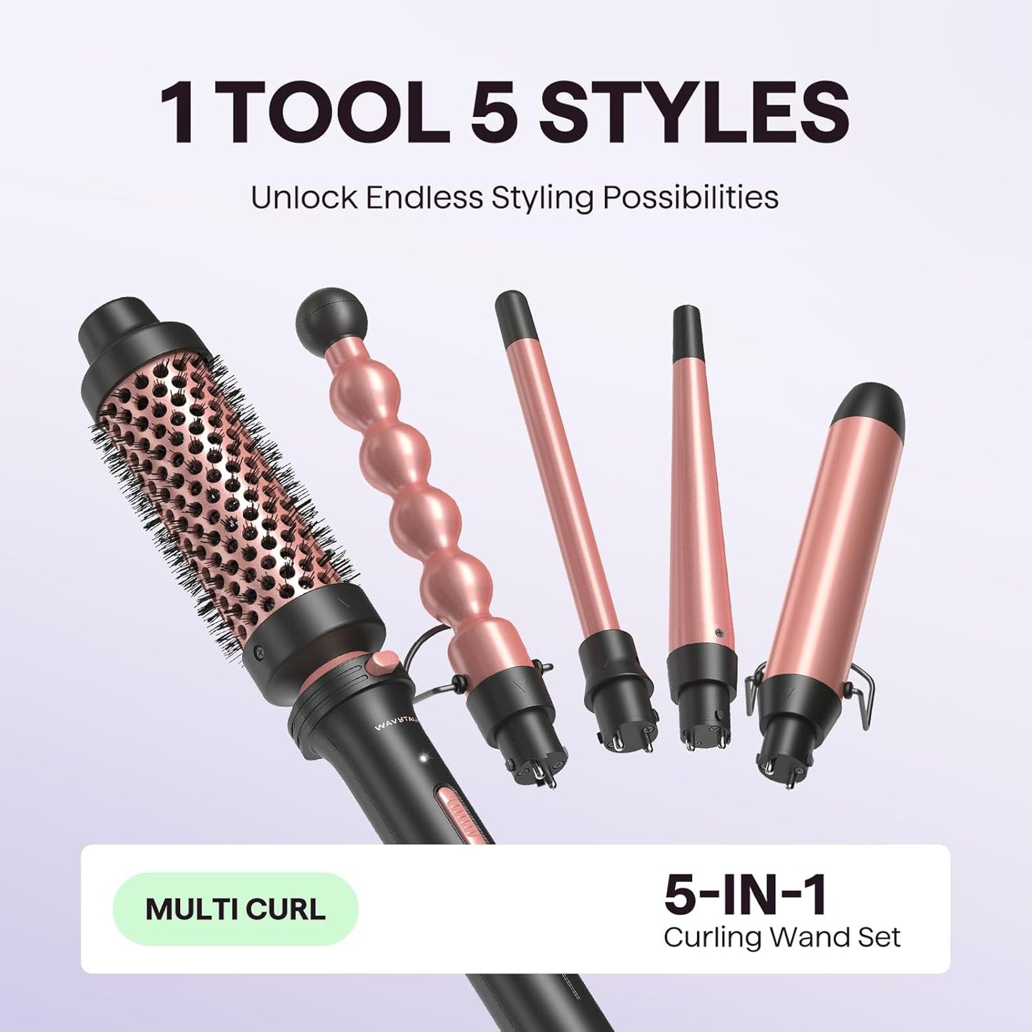 Wavytalk 5 in 1 Curling Wand Set, Multi Curl, Curling Wand Set with Curling Brush and 4 Interchangeable Ceramic Curling Wand(0.5”-1.25”), Instant Heat Up Wand Curling Iron (Rose Gold)