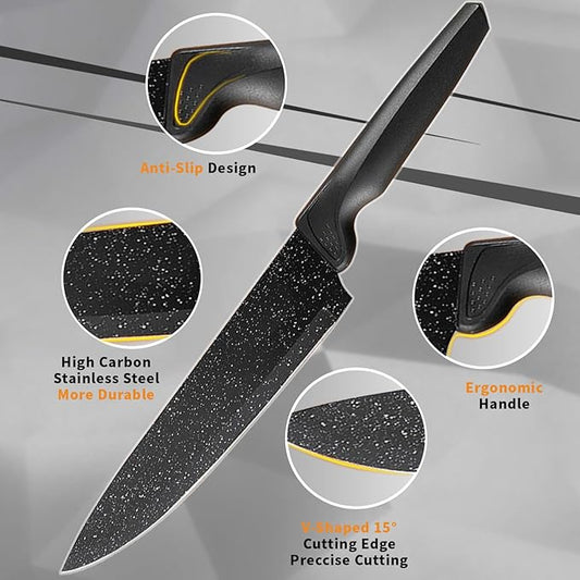 17 Pcs Kitchen Knife Set with Block High Carbon Stainless Steel Block Knife Set Sharp Blade Chef Bread Cleaver Knife,Pizza Cheese Steak Knives,Scissor Sets,Elegant Gift